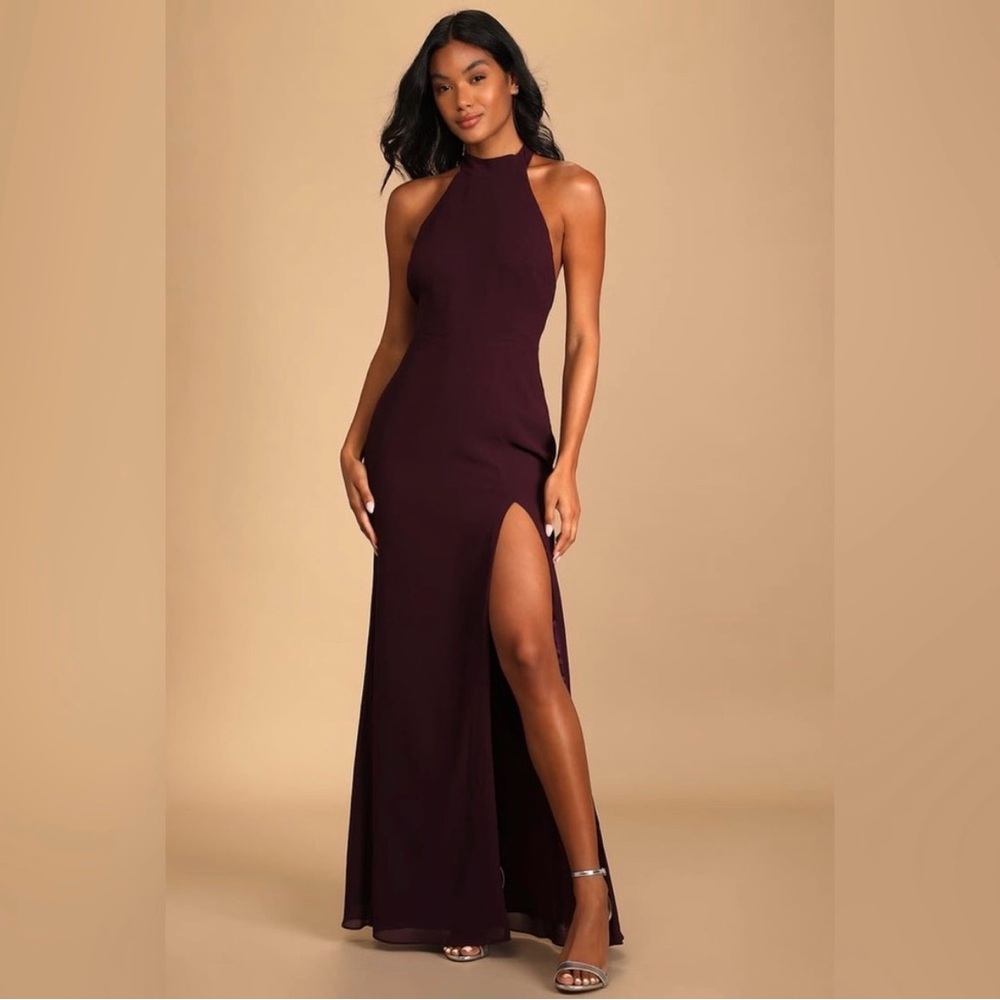 Halter Neck Purple Evening Gown with High Thigh Slit